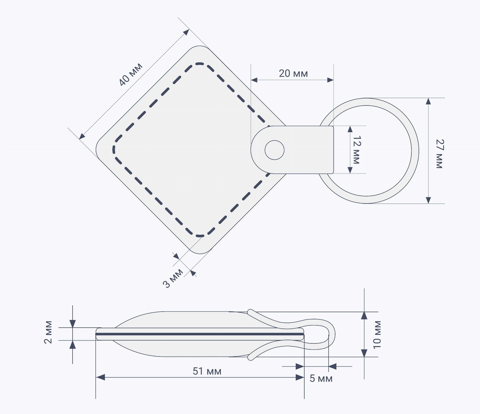 Кожаные RFID-брелоки NEOKEY® с чипом и вашим логотипом в форме ромба схема Кожаные RFID-брелоки NEOKEY® с чипом и вашим логотипом в форме ромба